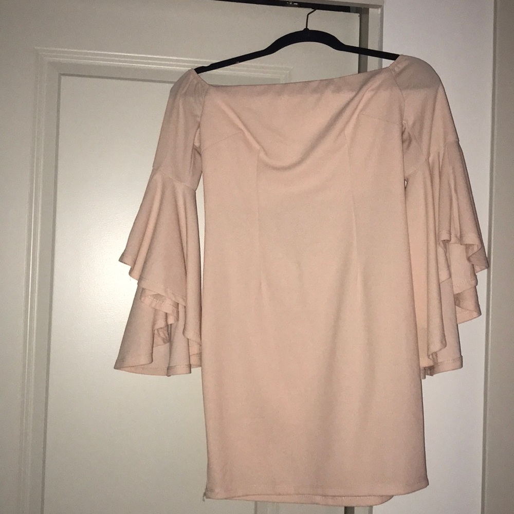 pink off shoulder trumpet sleeve dress